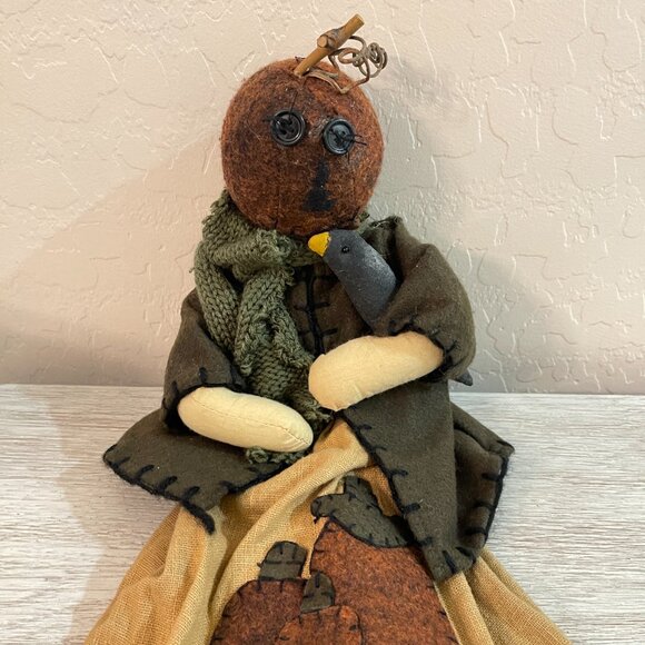 Vintage Fall Decor Stuffed Pumpkin Head Doll Holding Crow Halloween - Picture 2 of 6
